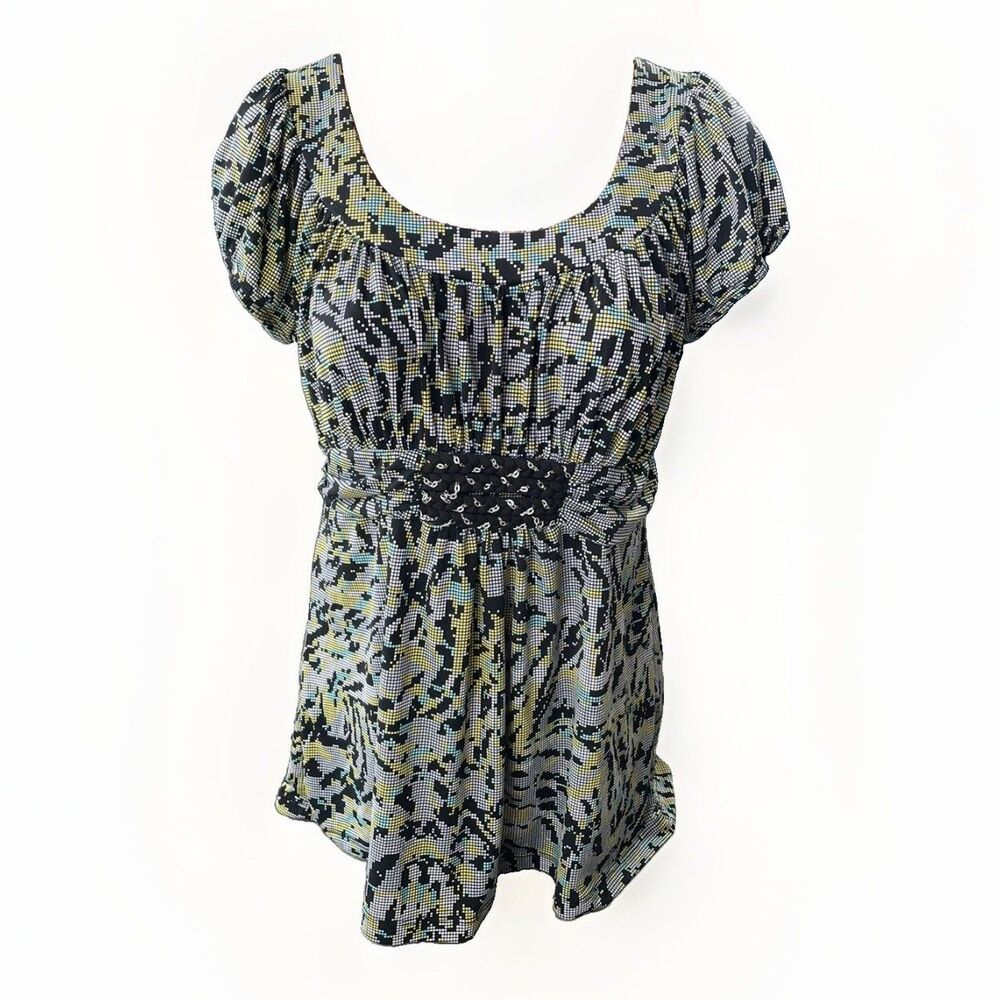 Y2K Speechless Black Geometric Blouse Size XL Stretch Slinky Scoop Neck Top
